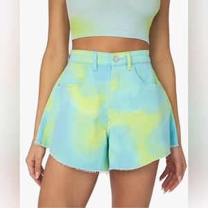 NWT WEWOREWHAT REVOLVE FLARE BELL SHORTS STRETCH DENIM TIE DYE